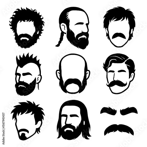 Schilderij op canvas Men's Hair, Beard, and Mustache Silhouette Icons – Male Hairstyle and Facial Hai