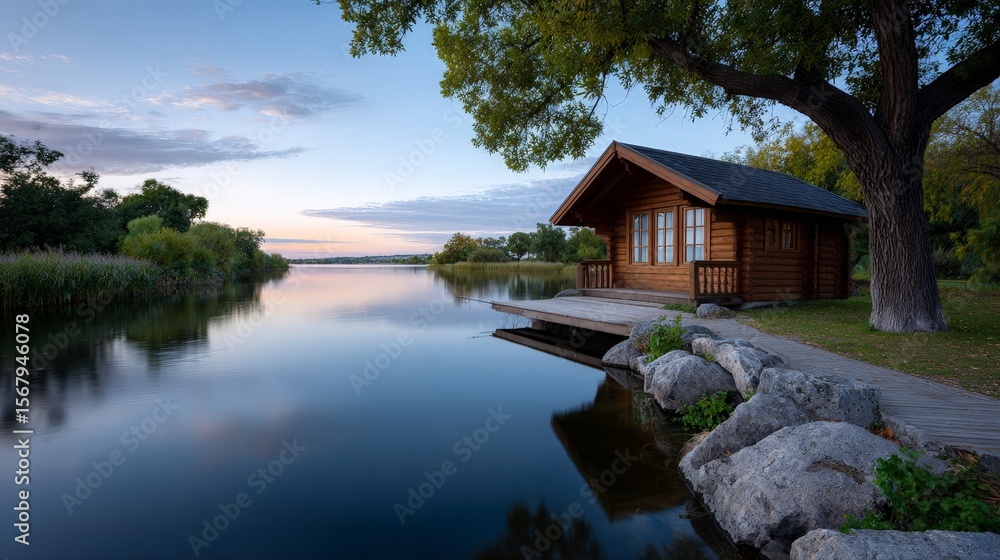 Obraz premium Tranquil Lakeside Cabin at Dusk Reflecting on Still Water