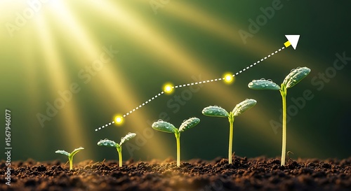 Dew kissed sprouts in rich earth bathe in golden sunlight charting a course of vibrant growth hope and ascending success