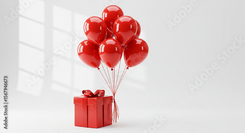 Bright red gift box adorned with a bow beside a vibrant bunch of festive helium balloons