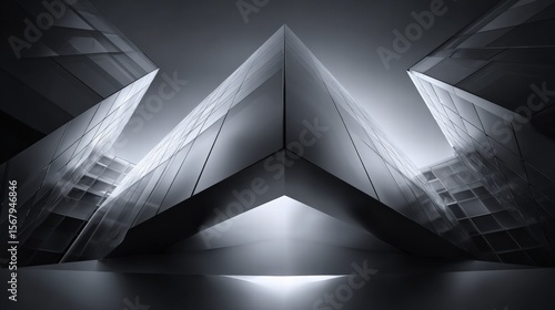 Abstract modern architecture with dark geometric shapes and reflective surfaces, creating a futuristic and minimalist design.