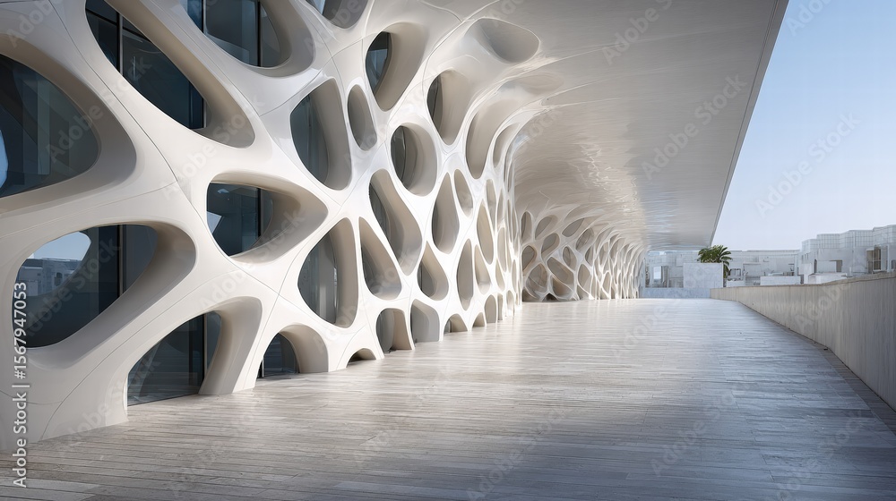 Obraz premium Modern architectural facade featuring a unique, flowing white structure with abstract organic shapes and openings, viewed from a textured wooden walkway under a clear sky.