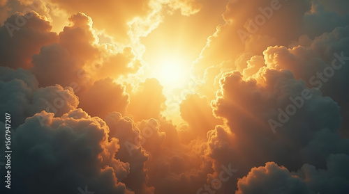 A bright, golden light bursts through dark clouds, creating a dramatic and powerful scene in the sky