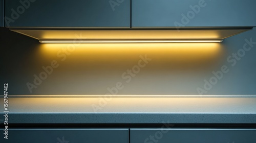 Modern kitchen counter with warm under-cabinet lighting creating an illuminated empty space, perfect for product display or background.