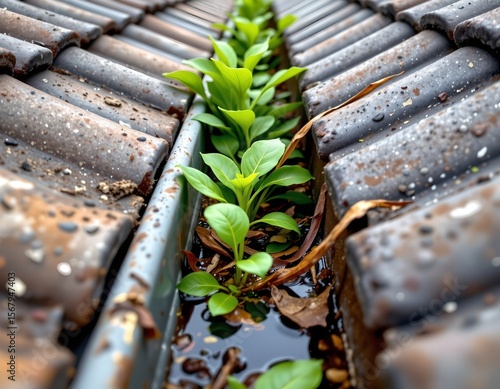 a row of healthy green plants grows inside a metal gutter, appearing to thrive in the unexpected environment