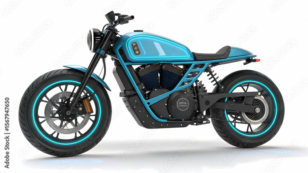 Electric Motorcycle: Teal Cafe Racer Design, Modern E-bike Electric Motorcycle: Teal Cafe Racer Design, Modern E-bike