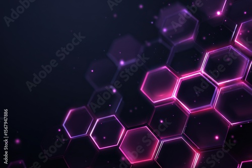 Futuristic abstract background with glowing purple hexagons and floating particles, representing technology, science, and digital connections.