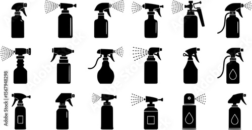 Spray vector icon. Spray icons set of water or air sprayer nozzle for paint aerosol or deodorant spray

