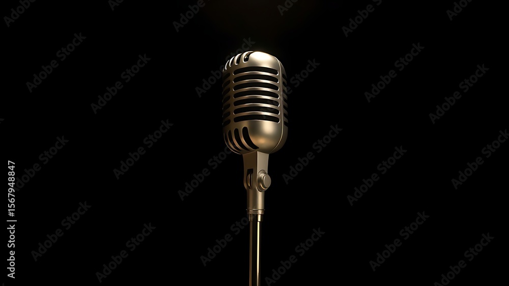 Obraz premium Vintage microphone stand with polished metal details on a dark gradient background.