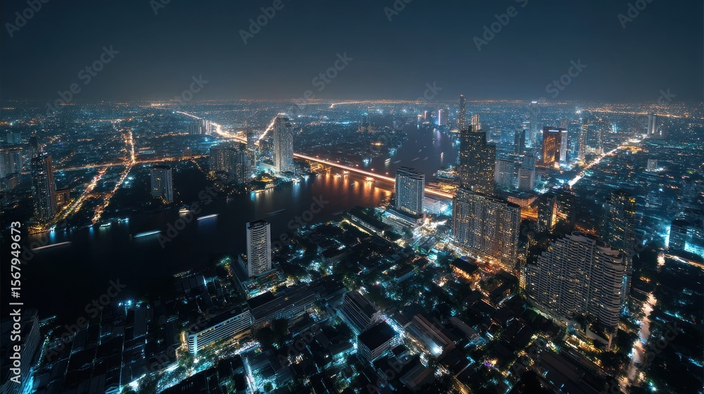 Fototapeta premium Night cityscape aerial view illuminated skyline river urban development