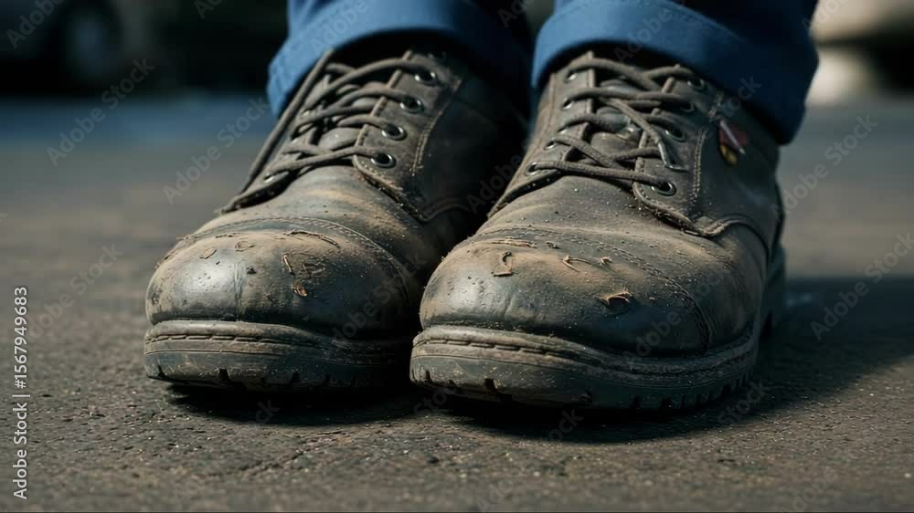 Well-worn, weathered leather work boots, close-up view, dusty and used. Well-worn, weathered leather work boots, close-up view, dusty and used.