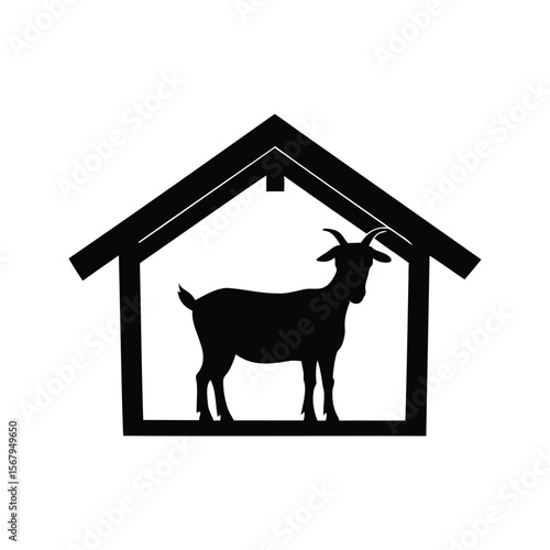 Black Goat Silhouette inside a Simple Home Structure on a White Background