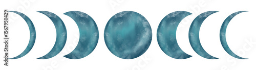 Beautiful blue and green Moon phases isolated on white background. Watercolor hand drawn digital illustration. Cute for the kids design, decoration of clothes, room, interior, textile, print