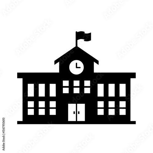 Black vector icon illustration of a classic school building silhouette, complete with a clock tower and flag. 