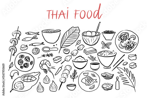 Set with Thai cuisine sketch on isolated background. Banner with national Thailand food with jasmine rice, seafood, noodles, fish, Tom Yum Kung, Som Tam, shrimp, mango, desserts. Vector illustration