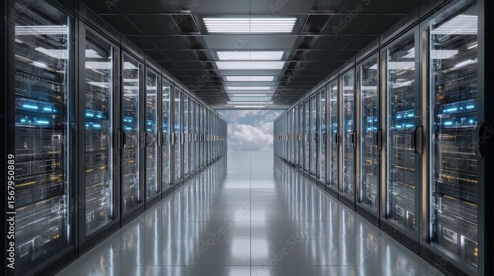 Obraz premium Modern data center server room network technology and cloud computing infrastructure