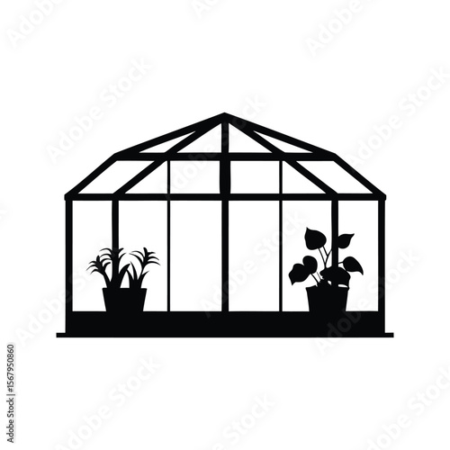 Black and White Silhouette of a Greenhouse with Two Potted Plants Inside
