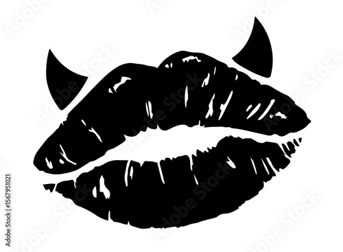 devil lips with horns, temptation, seduction, sin, dark eroticism, representing duality, gothic allure, infernal femininity, dangerous desire, mystery, provocative power of forbidden attraction.