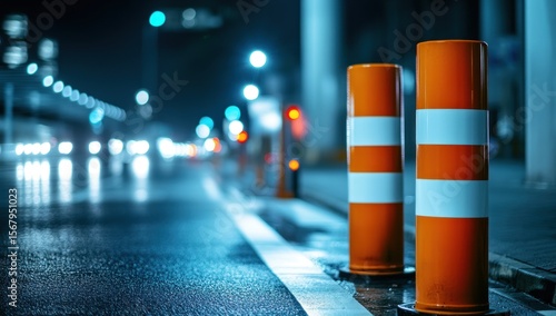Wallpaper Mural Night scene on a wet city street with traffic cones under blue lighting Torontodigital.ca