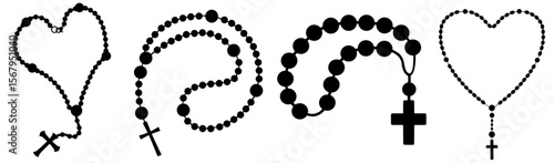 Rosary beads arranged in heart shapes with crosses, Christian faith, love for God, prayer, spiritual devotion, Easter, Christmas, Annunciation, holy days in the Christian calendar, worship, meditation