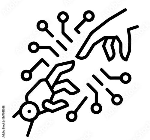 Human and robotic hands reaching toward each other in digital circuit design, artificial intelligence, man-machine synergy, technological singularity, Fourth Industrial Revolution, cybernetics