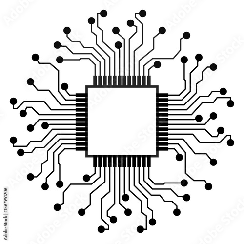 microchip with circuit lines radiating outward, semiconductor technology, central processing, artificial intelligence, data processing, core logic, innovation in modern computing, automation systems.