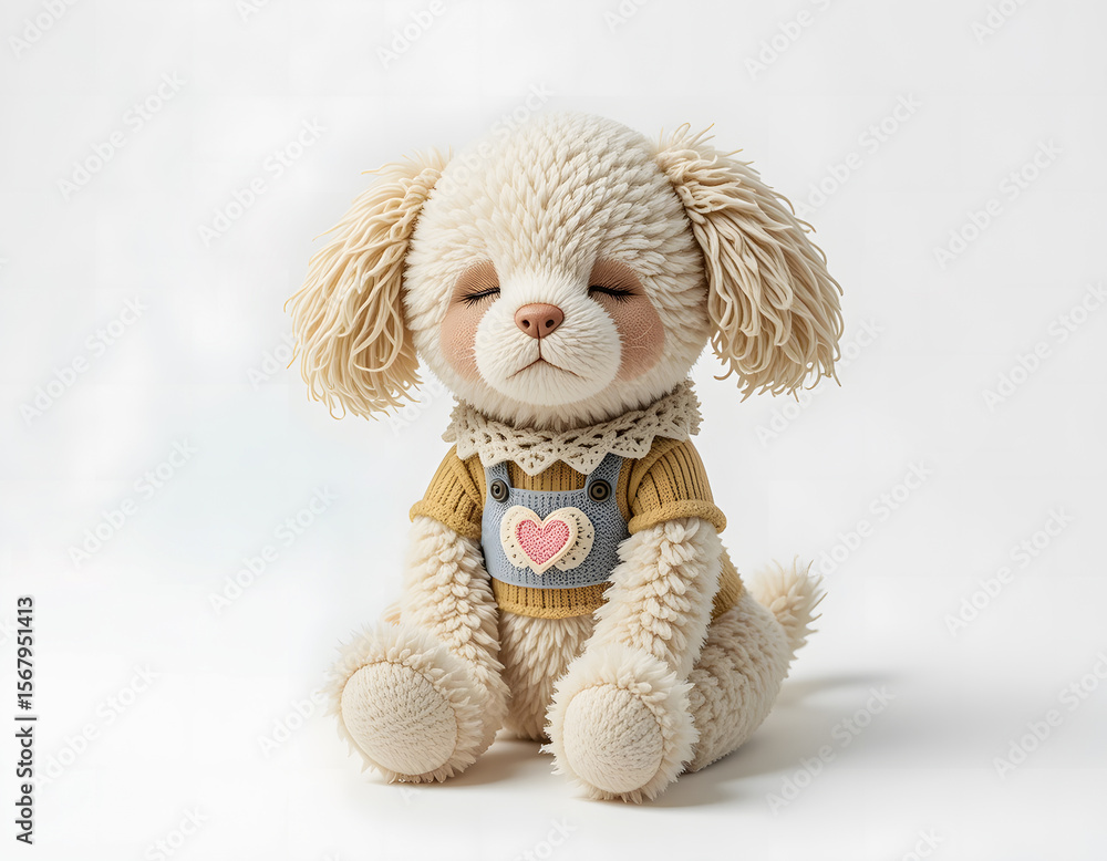 Fototapeta premium A charming full-body Cockapoo/Maltipoo puppy plush toy, in a classic pose with a knitted outfit, set against a pristine white background.