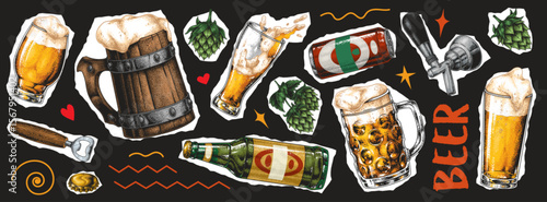 Beer varieties and brewing elements displayed