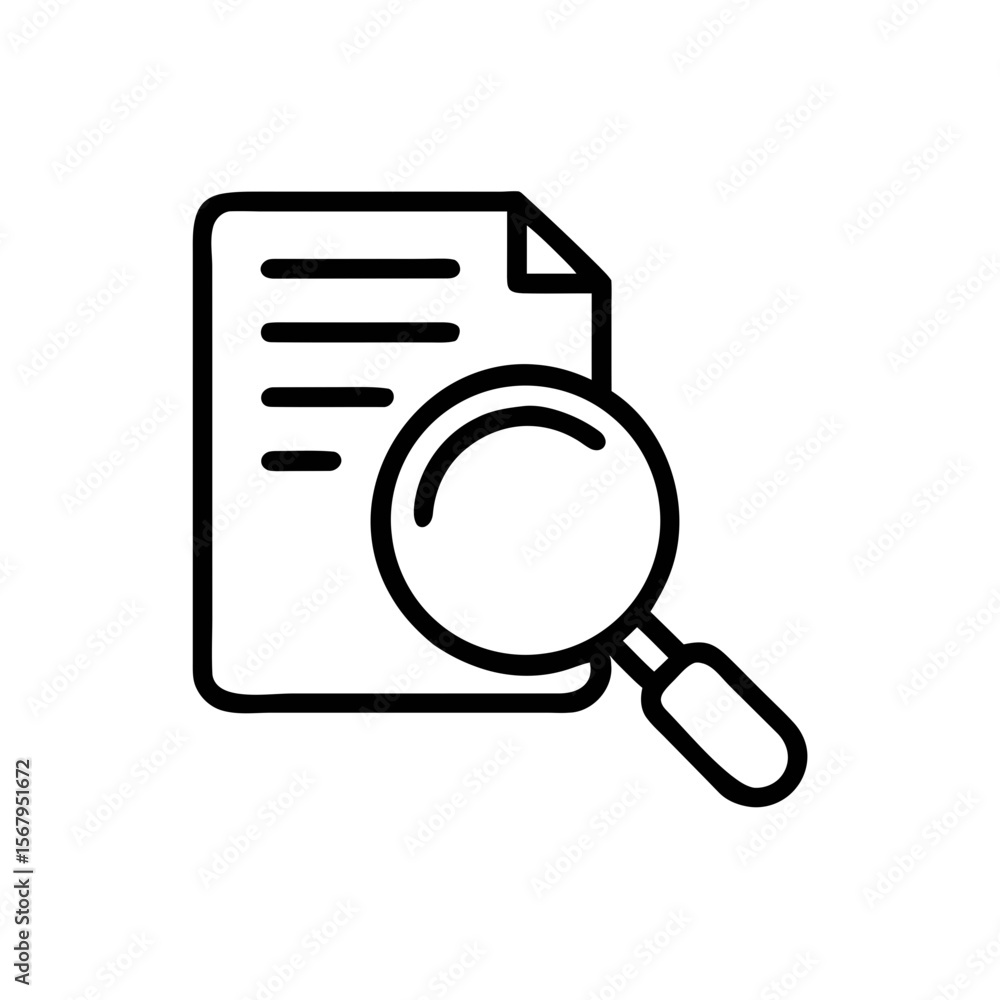 Document Search Icon with Magnifying Glass and Paper Outline Vector Document Search Icon with Magnifying Glass and Paper Outline Vector