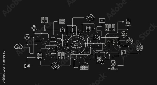 A network diagram depicting cloud computing, servers, data storage, and various connected devices, all rendered in a minimalist white line art style against a dark background.