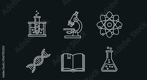 Science icons depicting a test tube, microscope, atom, DNA, book, and flask in white outline on a dark background.
