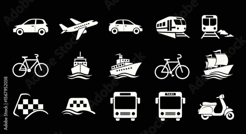 Collection of white transportation icons on black background, depicting various modes of land, sea, and air travel.