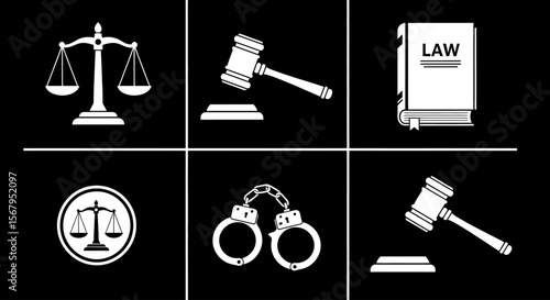 Law icons set, featuring scales, gavel, handcuffs, and legal book.