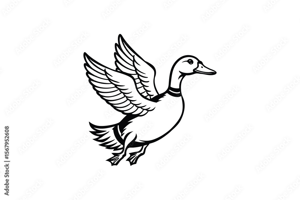 Obraz premium Flying Duck Illustration in Black and White Silhouette