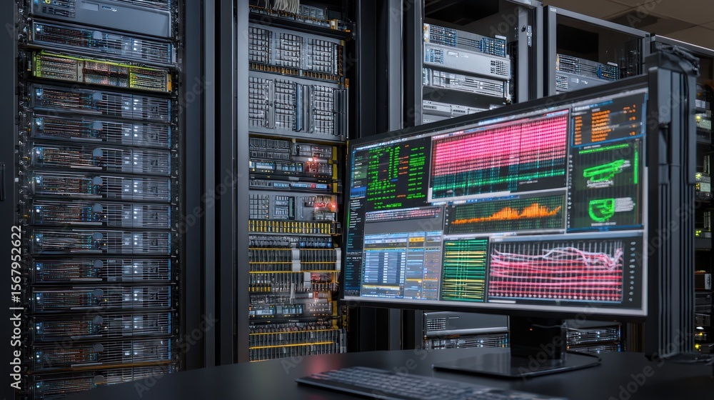 Data center server rack with monitor displaying graphs and data Data center server rack with monitor displaying graphs and data