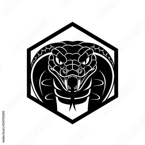 Vector illustration of an emblem or logo featuring an angry cobra head, ready to strike, with sharp eyes and visible fangs. 