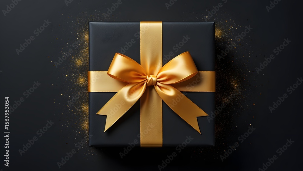 Black gift box with gold ribbon present luxury packaging birthday celebration surprise christmas Black gift box with gold ribbon present luxury packaging birthday celebration surprise christmas