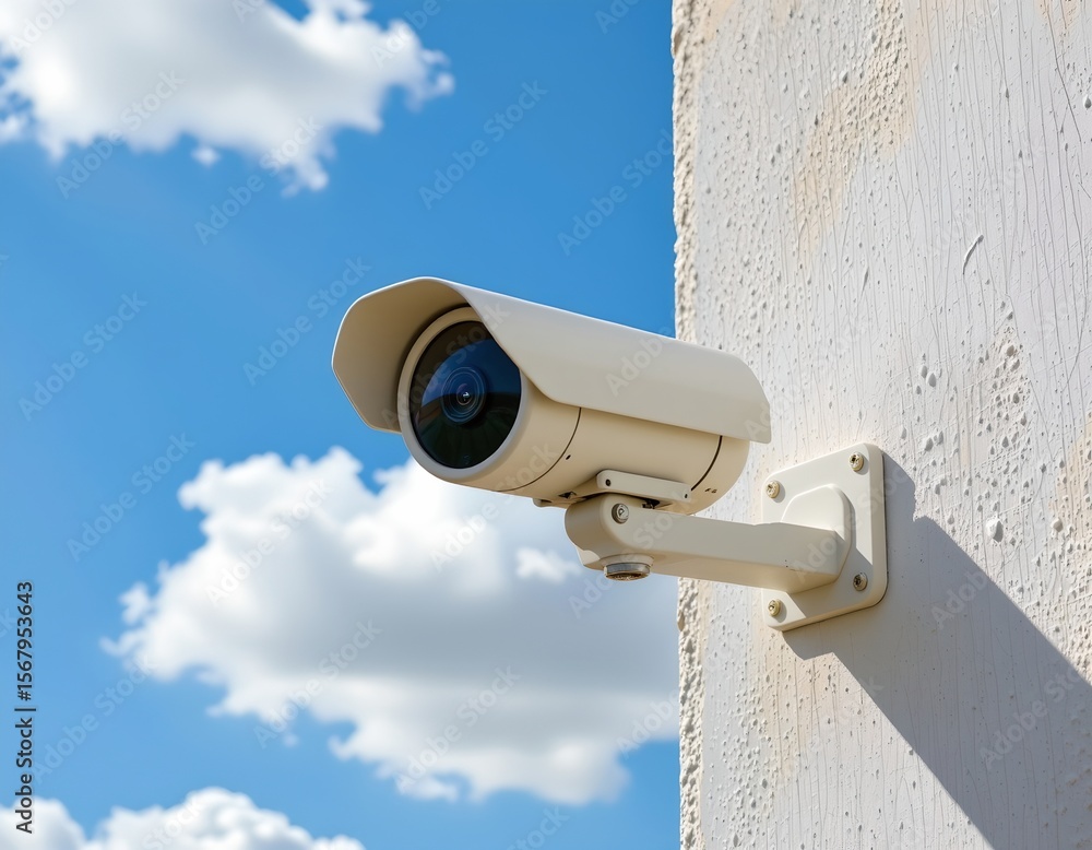 the image focuses on a closed circuit television camera mounted on a textured wall. the camera is light in color and equipped with a sun shield above the lens the image focuses on a closed circuit television camera mounted on a textured wall. the camera is light in color and equipped with a sun shield above the lens