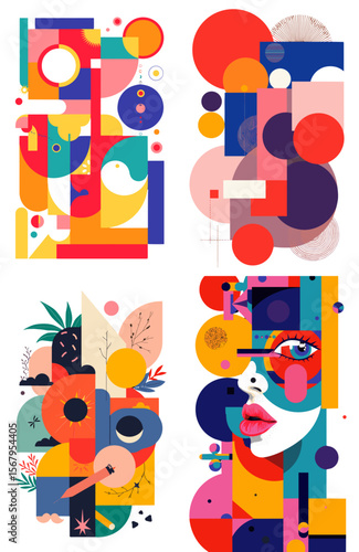 Colorful digital collage art with abstract shapes on a transparent background  
