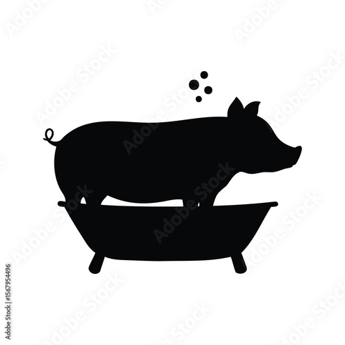 Silhouette of a pig standing in a bathtub with bubbles above it