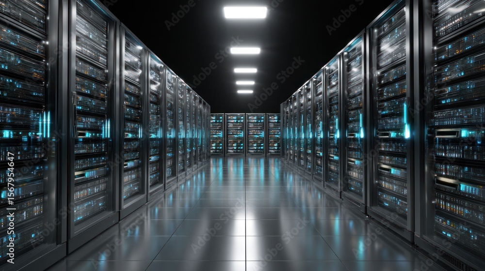 Obraz premium Dark server room with illuminated blue components technology and data center concept