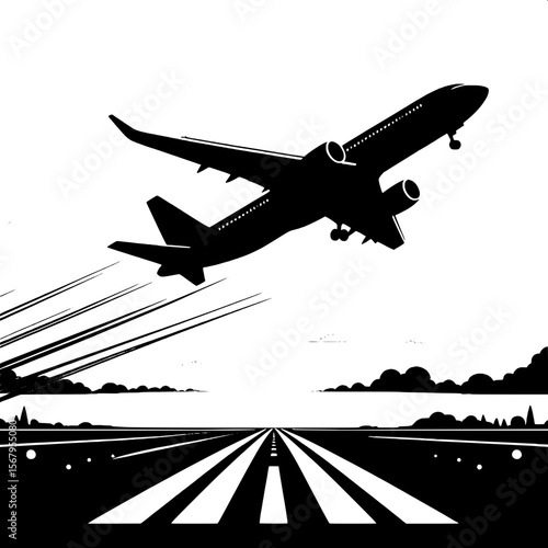Black and White Vector Silhouette of an Airplane Taking Off