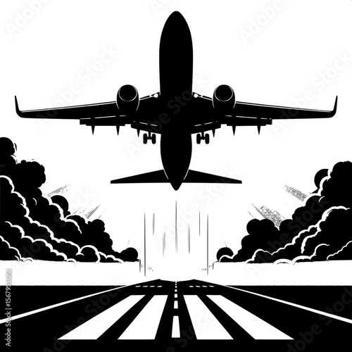Black and White Vector Silhouette of an Airplane Taking Off
