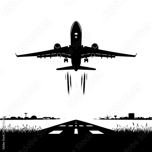 Black and White Vector Silhouette of an Airplane Taking Off