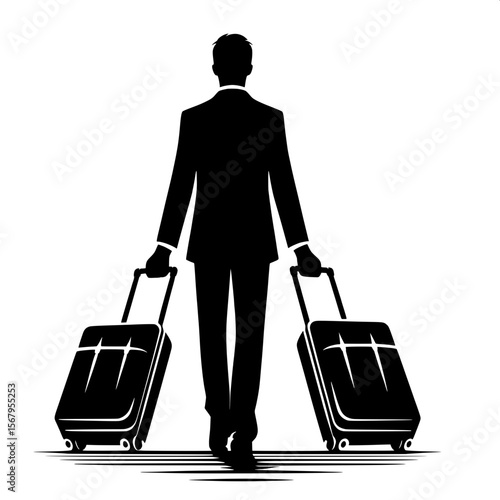 Black and White Vector Silhouette of a Man Pulling Two Suitcases