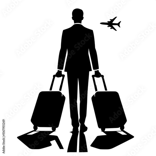 Black and White Vector Silhouette of a Man Pulling Two Suitcases