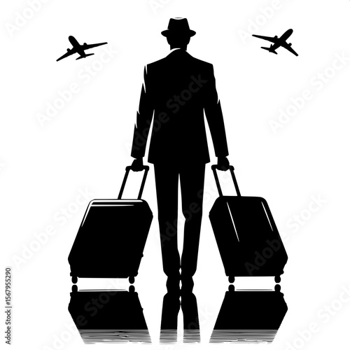 Black and White Vector Silhouette of a Man Pulling Two Suitcases