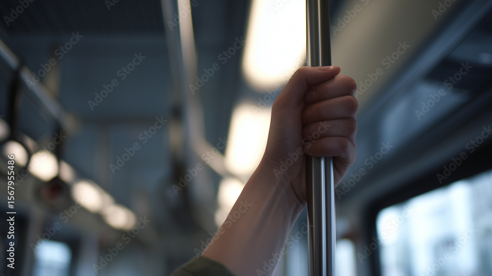 Hand gripping metal subway pole inside modern train interior during commute. Transportation concept
Hand gripping metal subway pole inside modern train interior during commute. Transportation concept