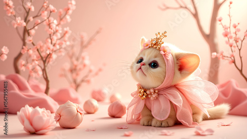 Adorable kitten in a pink princess dress and crown, sitting in a cute pastel room. Perfect for children’s themes, fantasy, or cute animal illustrations.