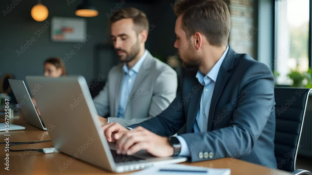 Flat illustration of two busy diverse male business employees working on laptops in an office. Professional colleagues typing at workplace desk, full body, isolated on white. Flat illustration of two busy diverse male business employees working on laptops in an office. Professional colleagues typing at workplace desk, full body, isolated on white.